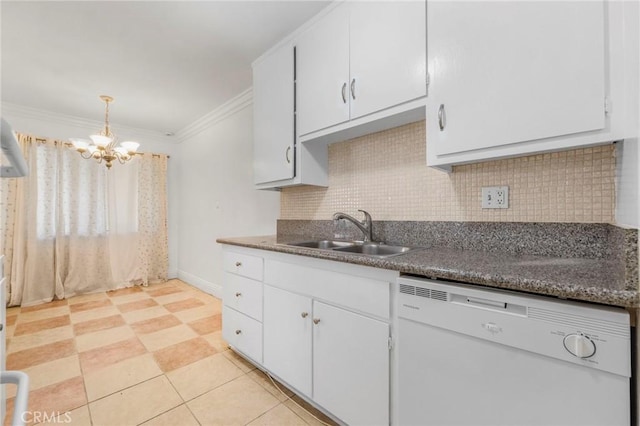 kitchen featuring backsplash, white dishwasher, white cabinetry, and sink