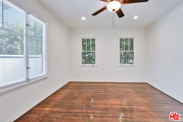 empty room with crown molding, plenty of natural light, and dark wood-type flooring