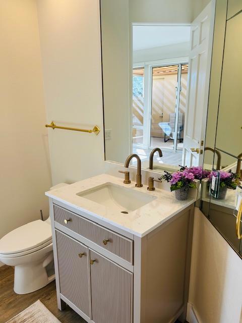 bathroom featuring vanity, wood-type flooring, and toilet