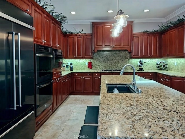 kitchen with black appliances, sink, ornamental molding, tasteful backsplash, and decorative light fixtures