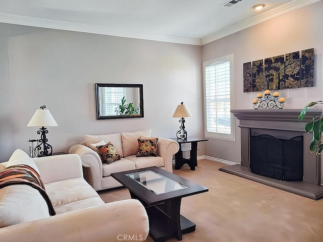 living room with light carpet and ornamental molding