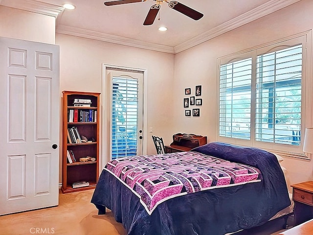 carpeted bedroom featuring access to outside, multiple windows, crown molding, and ceiling fan