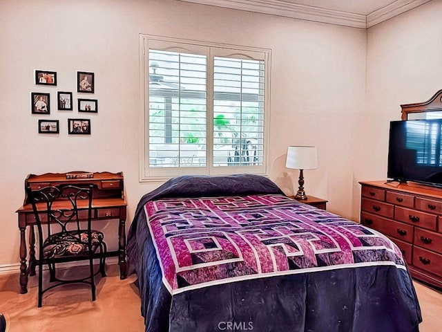 bedroom with crown molding and carpet