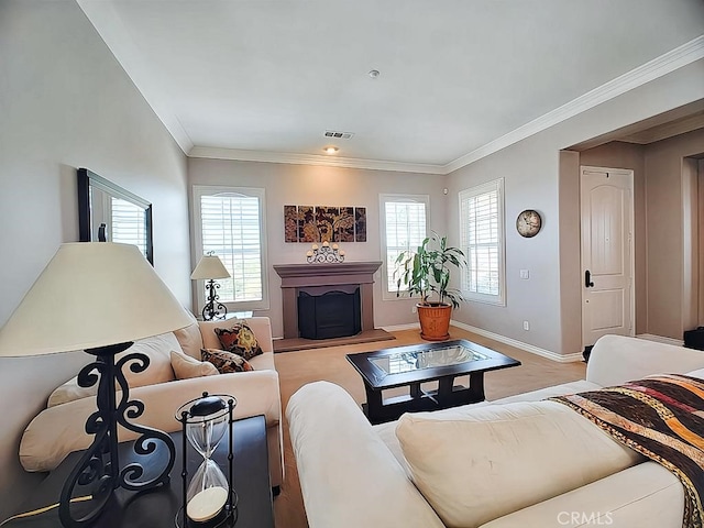 living room featuring ornamental molding