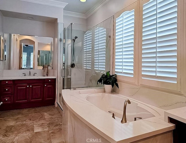 bathroom with vanity, separate shower and tub, and ornamental molding