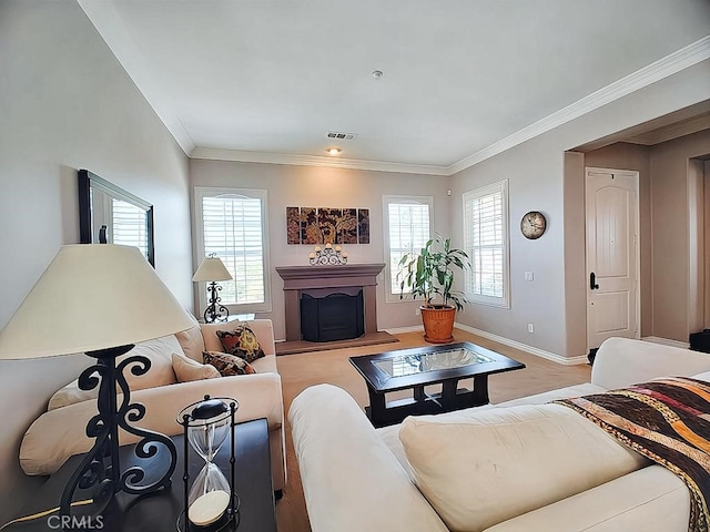 living room with ornamental molding