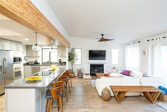 living room featuring ceiling fan, lofted ceiling, and light hardwood / wood-style flooring