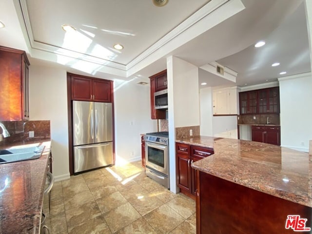 kitchen with stainless steel appliances, tasteful backsplash, a tray ceiling, light stone countertops, and sink