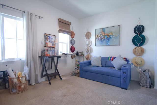 sitting room with plenty of natural light and light carpet