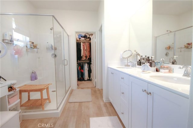 bathroom with wood-type flooring, vanity, and walk in shower