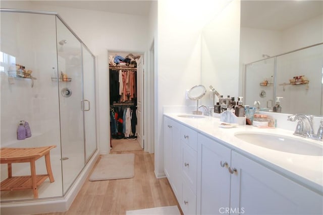 bathroom with hardwood / wood-style flooring, vanity, and a shower with shower door