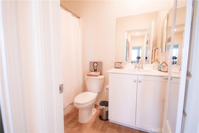 bathroom featuring vanity, hardwood / wood-style flooring, and toilet