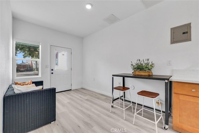 entrance foyer featuring electric panel and light hardwood / wood-style flooring