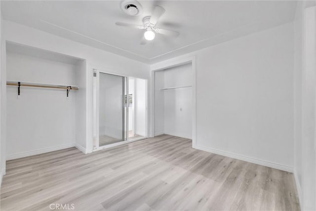 unfurnished bedroom featuring light wood-type flooring, a closet, and ceiling fan