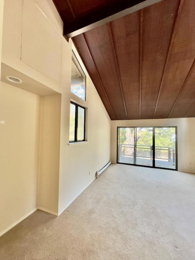 carpeted spare room with lofted ceiling with beams, baseboard heating, and wooden ceiling