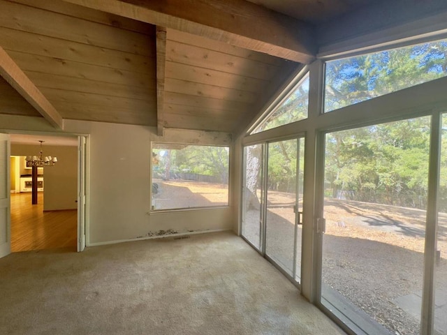 unfurnished sunroom with wood ceiling, a notable chandelier, and vaulted ceiling with beams