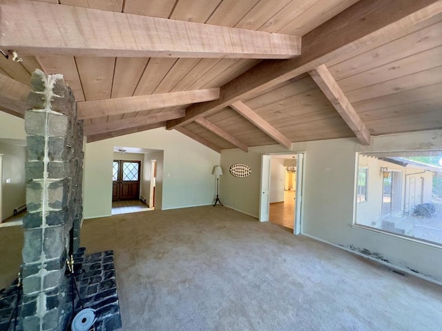 additional living space with carpet, vaulted ceiling with beams, and wooden ceiling