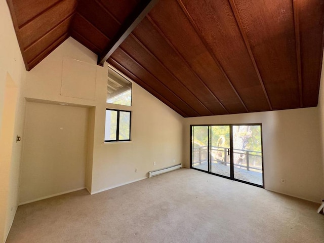 bonus room with wooden ceiling, baseboard heating, vaulted ceiling with beams, and a healthy amount of sunlight