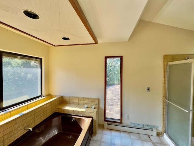 bathroom with a baseboard heating unit and a bathing tub