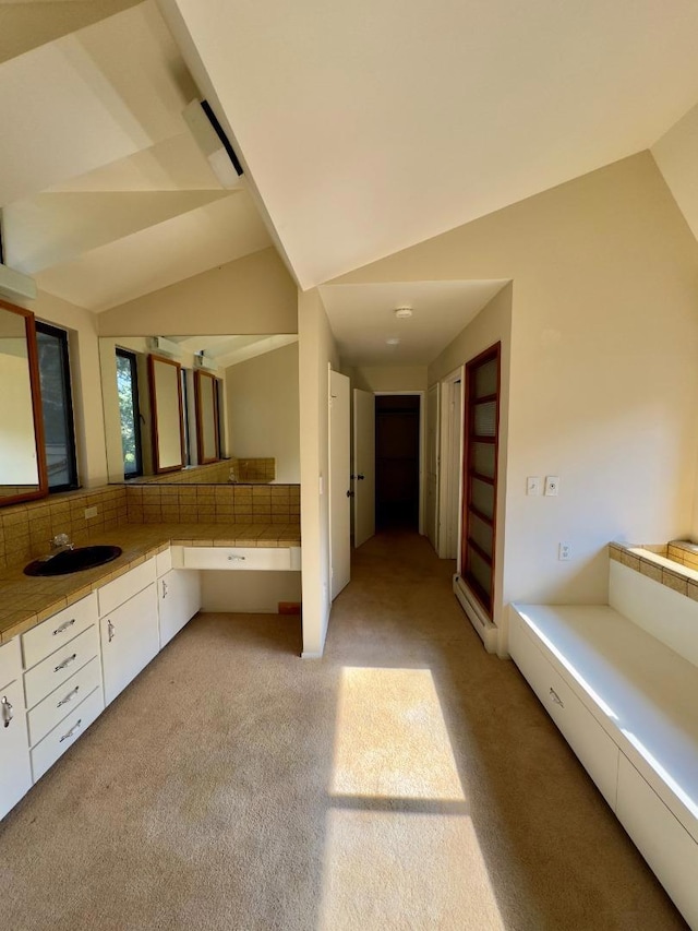 bathroom with backsplash, vaulted ceiling, and sink