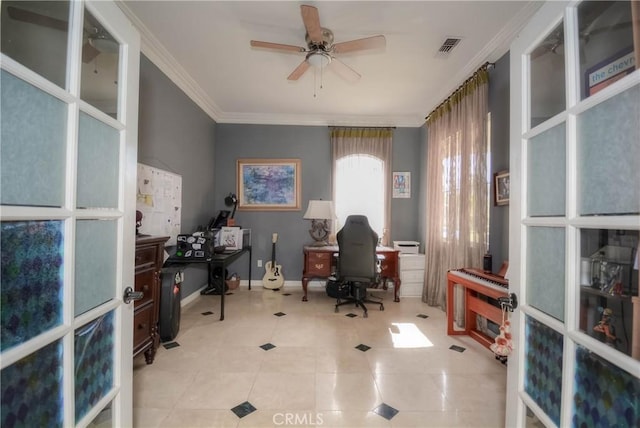 office featuring ceiling fan, light tile patterned floors, and crown molding