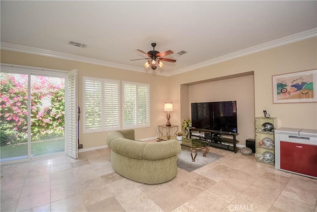 living room featuring crown molding and ceiling fan