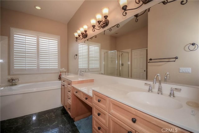 bathroom featuring vanity, lofted ceiling, and plus walk in shower