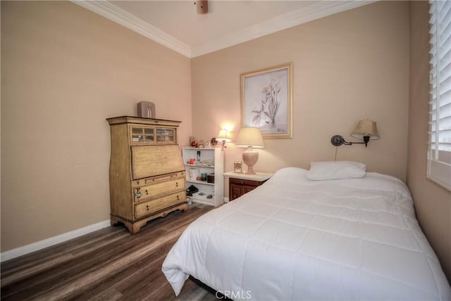 bedroom with dark wood-type flooring and ornamental molding