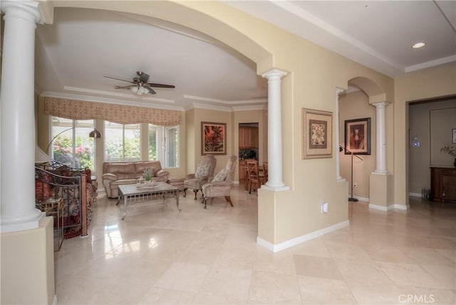 interior space with light tile patterned floors and ornamental molding