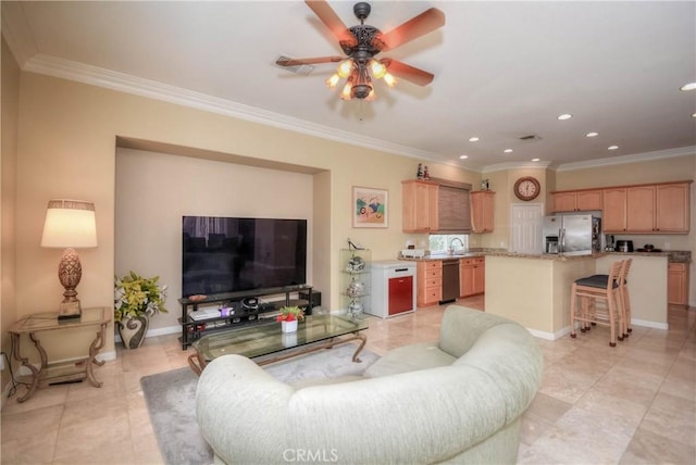 living room with light tile patterned floors, ceiling fan, and crown molding