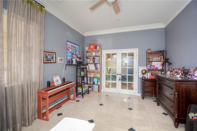 miscellaneous room featuring french doors, light tile patterned floors, ceiling fan, and ornamental molding