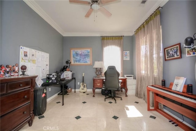 office with ceiling fan, light tile patterned floors, and ornamental molding