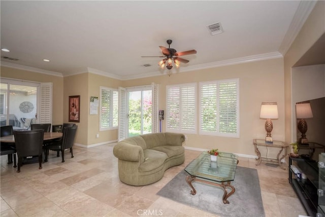 tiled living room featuring crown molding and ceiling fan