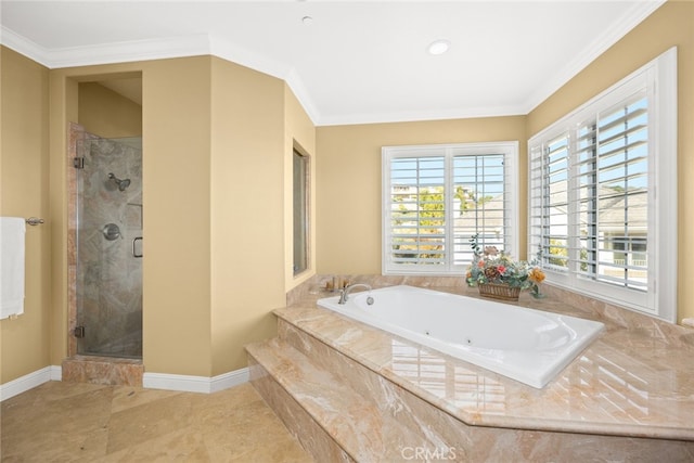 bathroom featuring crown molding and independent shower and bath