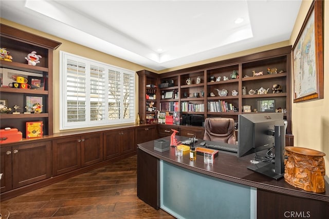 office with a raised ceiling and dark hardwood / wood-style flooring