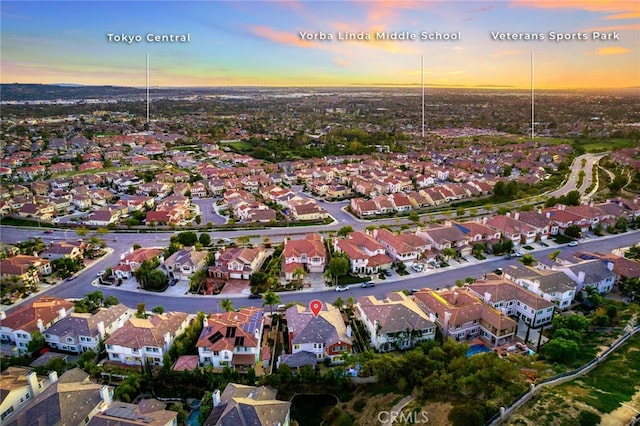 view of aerial view at dusk