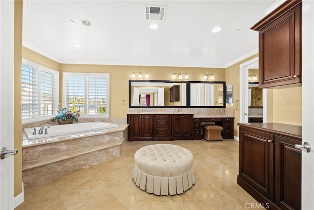 bathroom with vanity, tiled bath, tile patterned floors, and ornamental molding