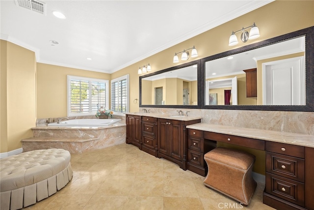 bathroom with vanity, ornamental molding, tiled bath, and tile patterned floors