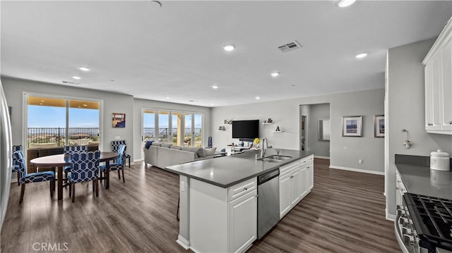 kitchen featuring sink, appliances with stainless steel finishes, dark wood-type flooring, and white cabinetry