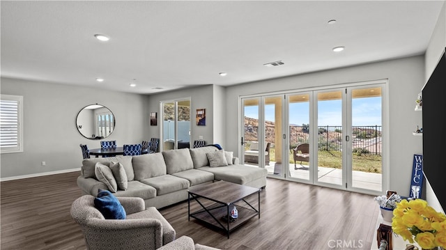 living room featuring french doors and wood-type flooring