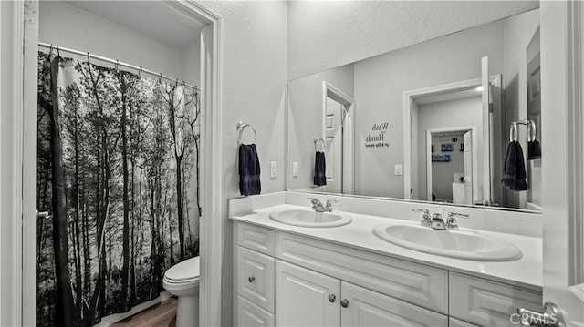 bathroom with vanity, hardwood / wood-style flooring, and toilet