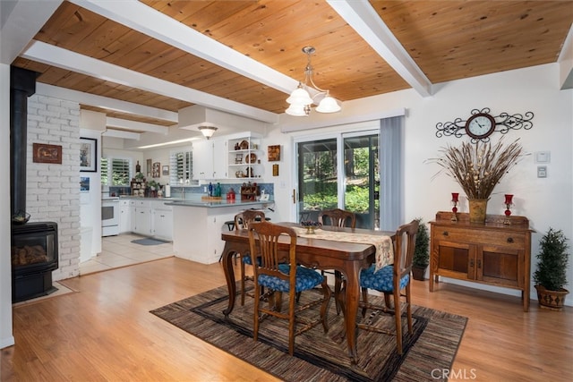 dining room with wood ceiling, a wood stove, beam ceiling, a notable chandelier, and light hardwood / wood-style flooring