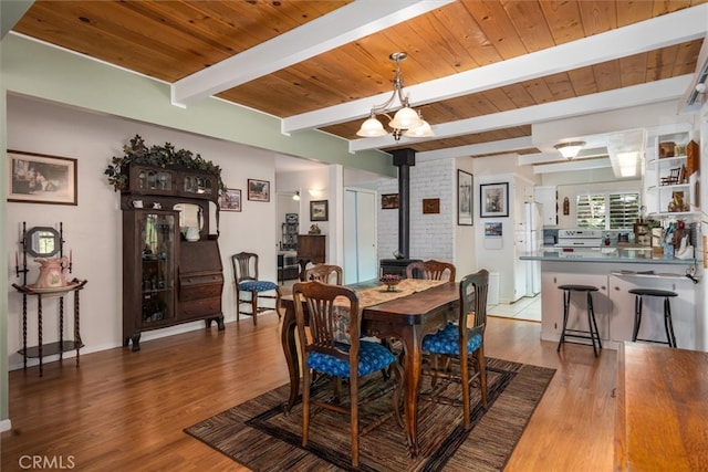 dining area with wood ceiling, a wood stove, beamed ceiling, and light wood-type flooring