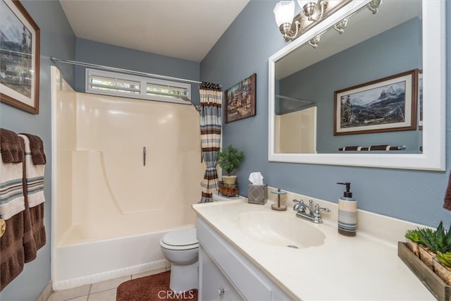 full bathroom with vanity, shower / bath combo, toilet, and tile patterned flooring