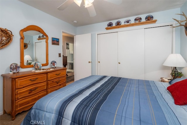 bedroom featuring carpet flooring, a closet, and ceiling fan