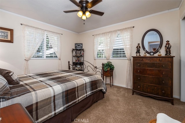 bedroom with crown molding, light carpet, and ceiling fan