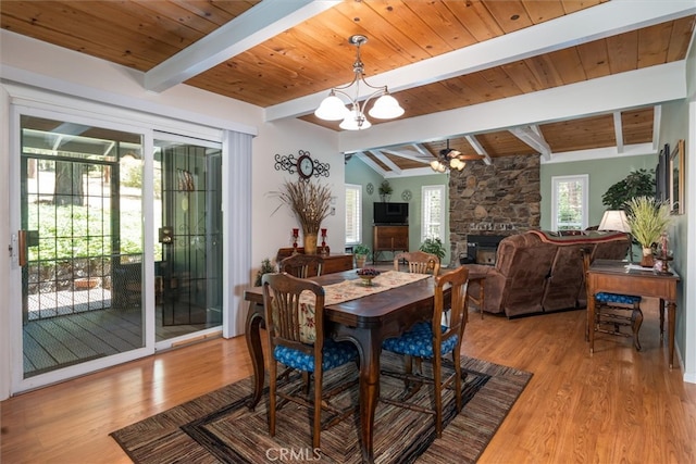 dining space with a fireplace, lofted ceiling with beams, wood ceiling, and light wood-type flooring