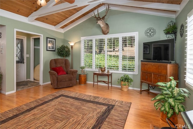 sitting room featuring beam ceiling, high vaulted ceiling, wood ceiling, and light wood-type flooring