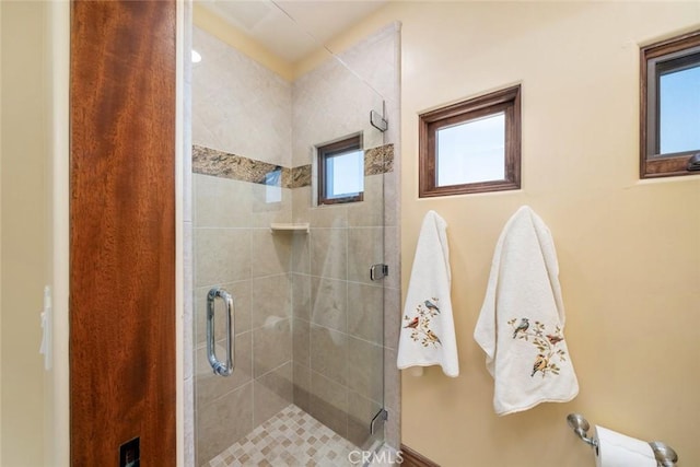 bathroom with a shower with shower door