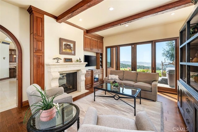 living room featuring wood-type flooring and beam ceiling